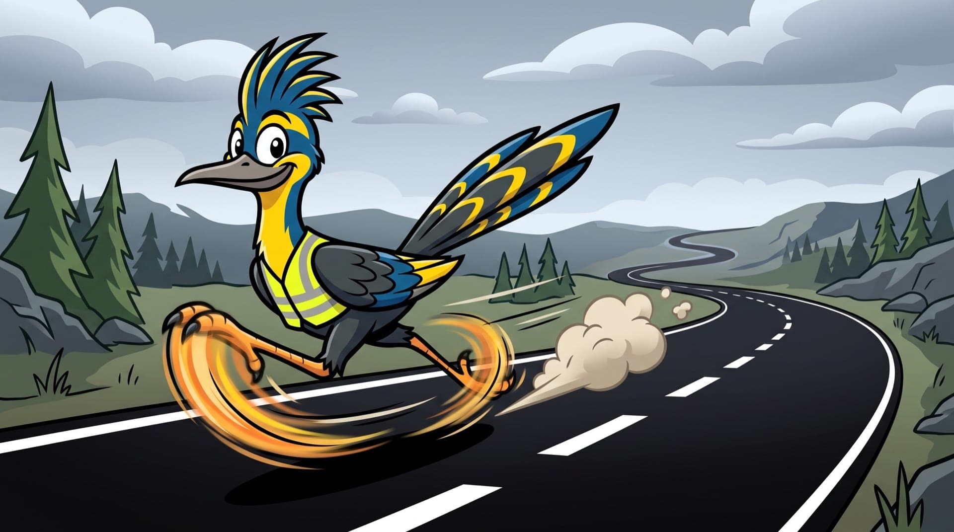 Roadrunner, ACME:s maskot, springer på nylagd asfalt