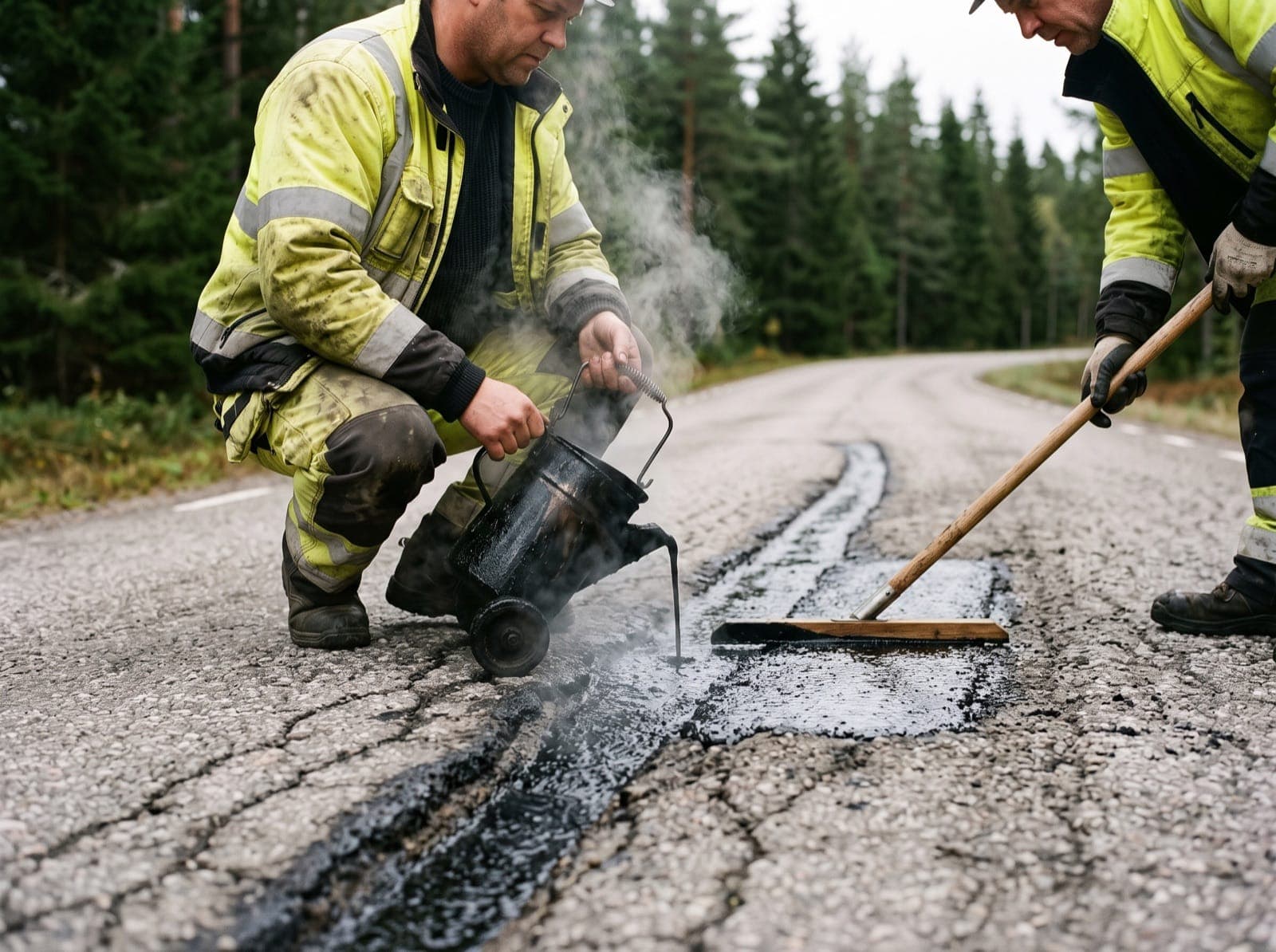 Spårgjutasfalt läggs i hjulspåren på en landsväg för att laga spår och sprickor